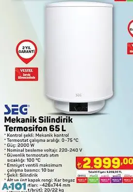 SEG MEKANİK SİLİNDİRİK TERMOSİFON 65 L SEG MEKANİK SİLİNDİRİK TERMOSİFON 65 L